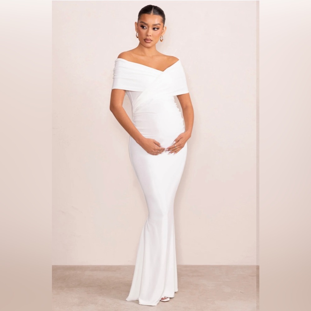 Amal | White Bardot Wrap Neckline Maternity Maxi Dress